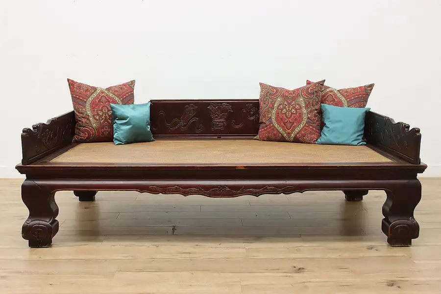 Main image of Chinese Antique Carved Elm Opium, Marriage or Day Bed