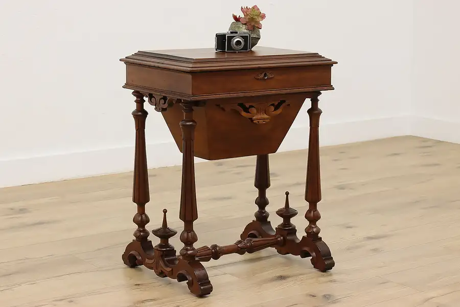 Main image of Victorian Antique Walnut Sewing Stand Nightstand Side Table