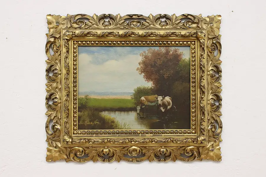 Main image of Cows & Pond Antique Original Oil Painting, Signed 24.5"