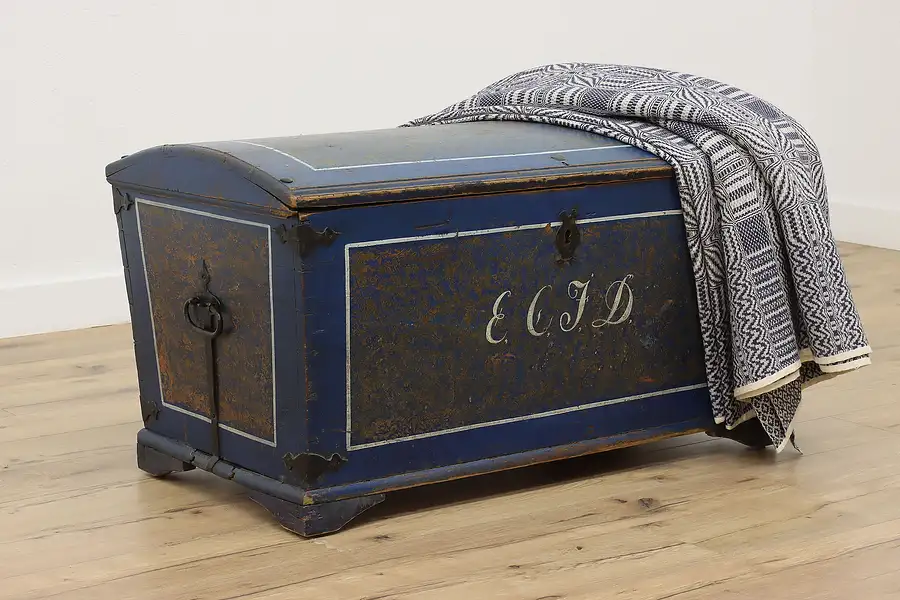 Main image of Norwegian Antique 1850s Painted Blue Immigrant Trunk