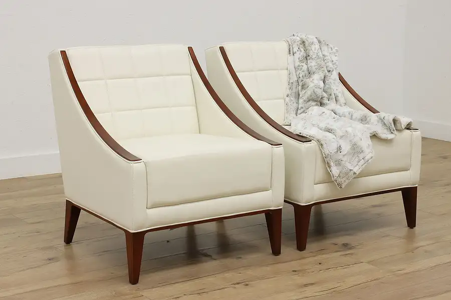 Main image of Pair of Midcentury Modern Designer White Leather Chairs, OFS