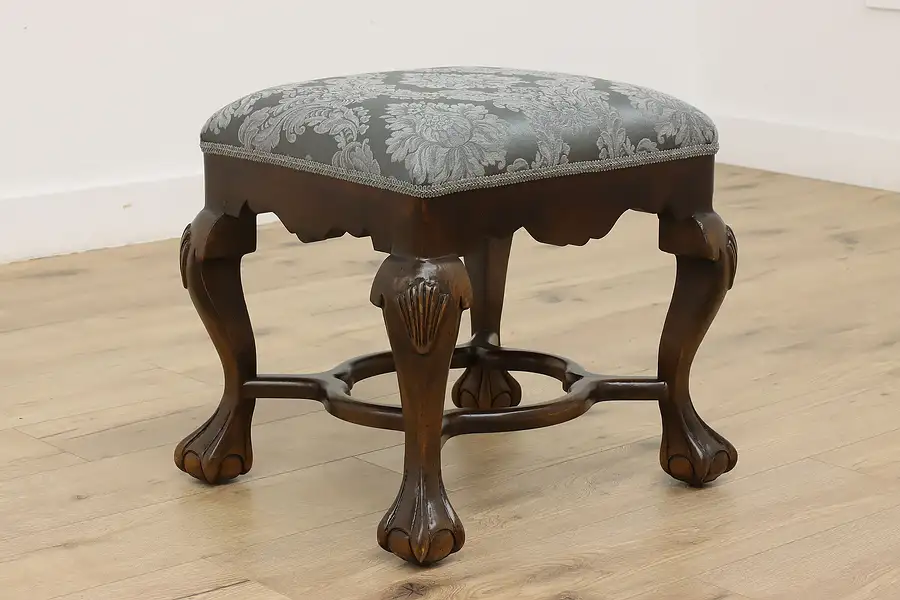 Main image of Georgian Design Vintage Upholstered Carved Footstool Bench