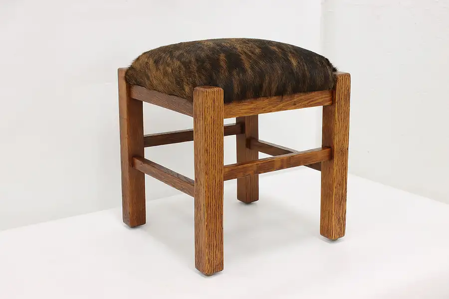 Main image of Arts & Crafts Mission Oak Antique Footstool, Cowhide, Signed