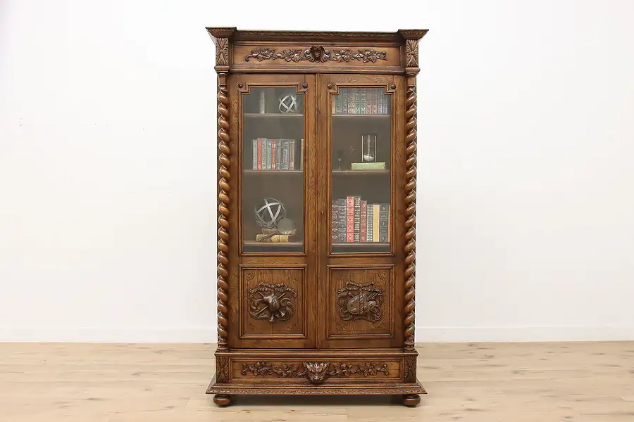 Main image of Black Forest Antique Carved Bookcase Display, Barley Twists