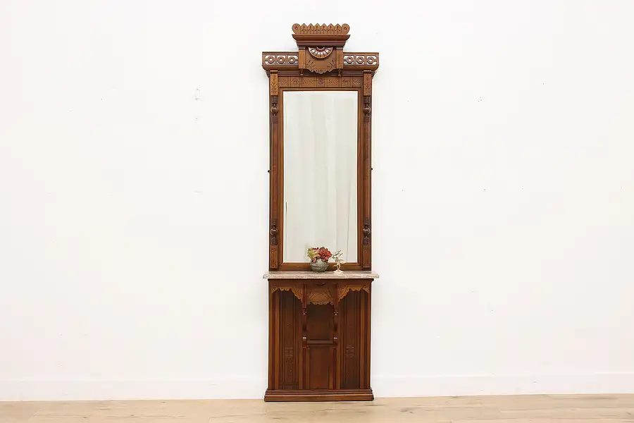 Main image of Victorian Eastlake Antique Walnut & Marble Pier Hall Mirror