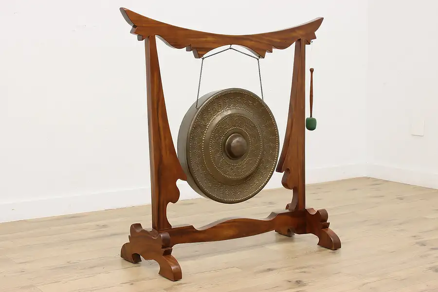 Main image of Asian Vintage Bronze Temple Gong, Mahogany Stand