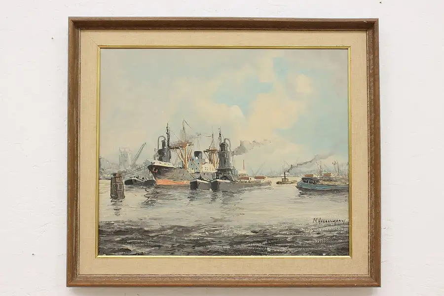 Main image of Steamships Vintage Original Oil Painting Headermann 29.5"