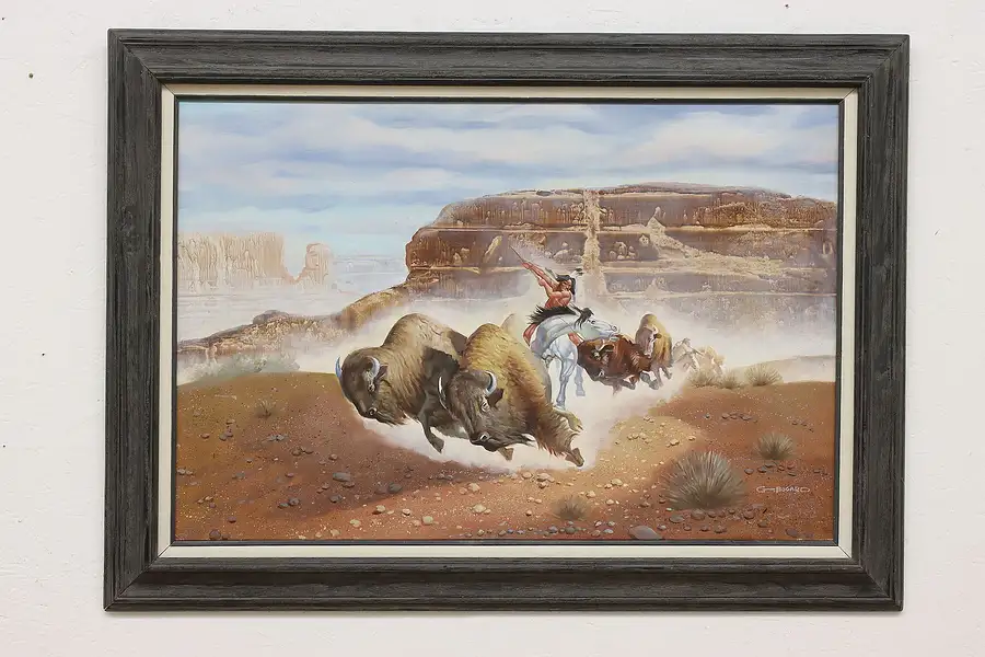 Main image of Indian Bison Hunt Vintage Original Oil Painting, Bogard 43.5"