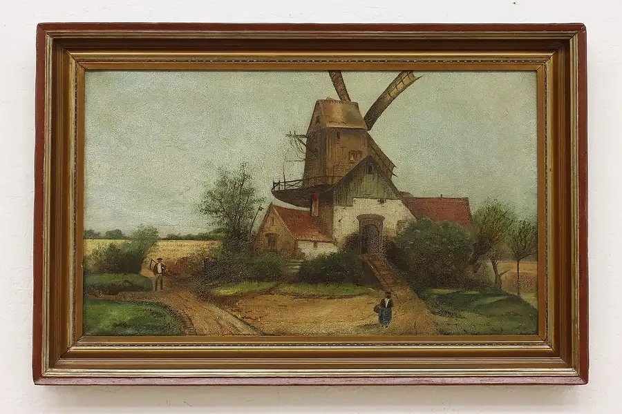 Main image of Dutch Windmill Farm Antique Original Oil Painting 37.5"