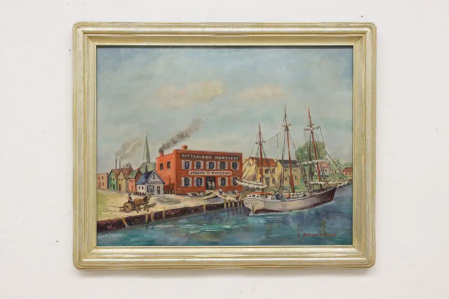 Main image of Harbor & Boats Antique Original Oil Painting, Miller 32.5"