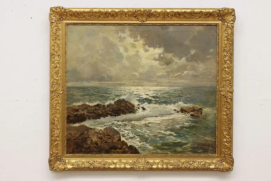 Main image of Stormy Ocean Antique Original Oil Painting Giordano 45"