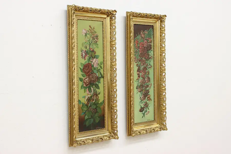 Main image of Pair of Victorian Antique Original Oil Paintings, Signed 49"