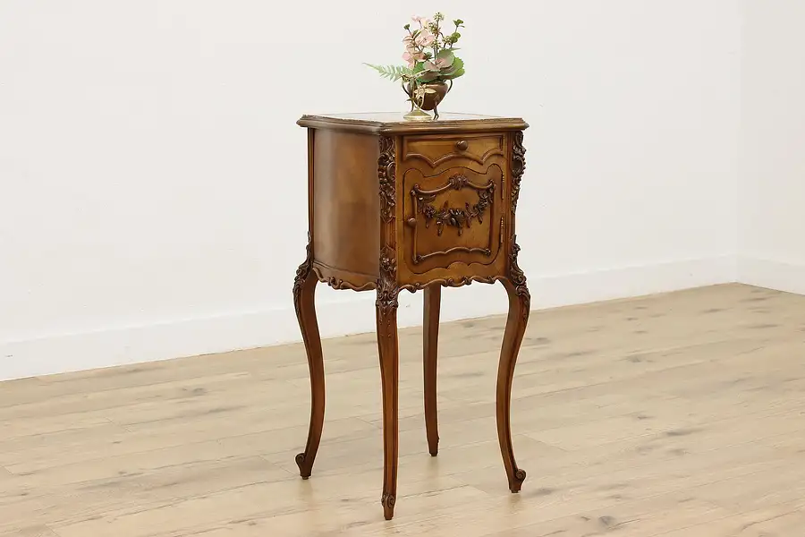 Main image of French Antique Walnut & Marble Nightstand, Side or End Table