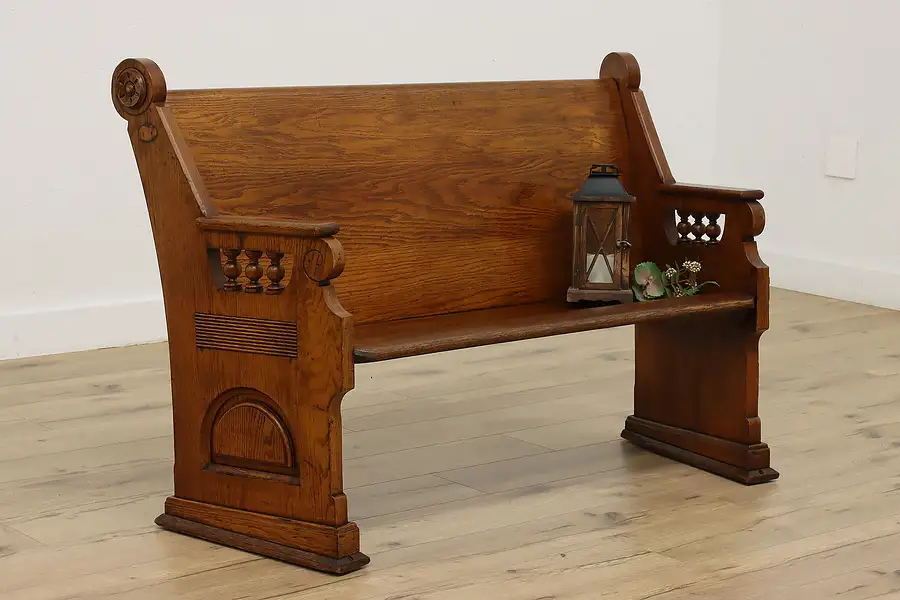 Main image of Victorian Antique Carved Oak Church Pew, Hall or Porch Bench