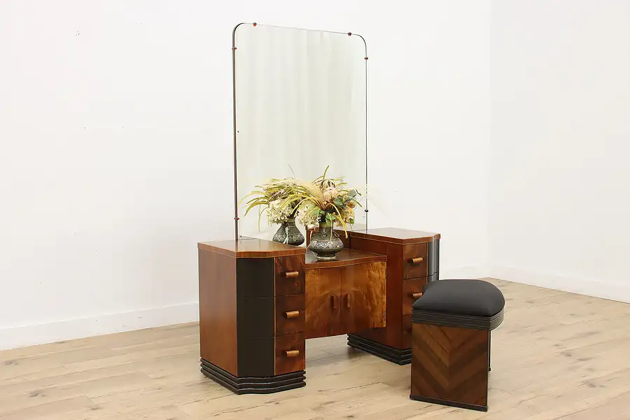 Main image of Art Deco Vintage Figured Walnut Vanity & Mirror, Bench