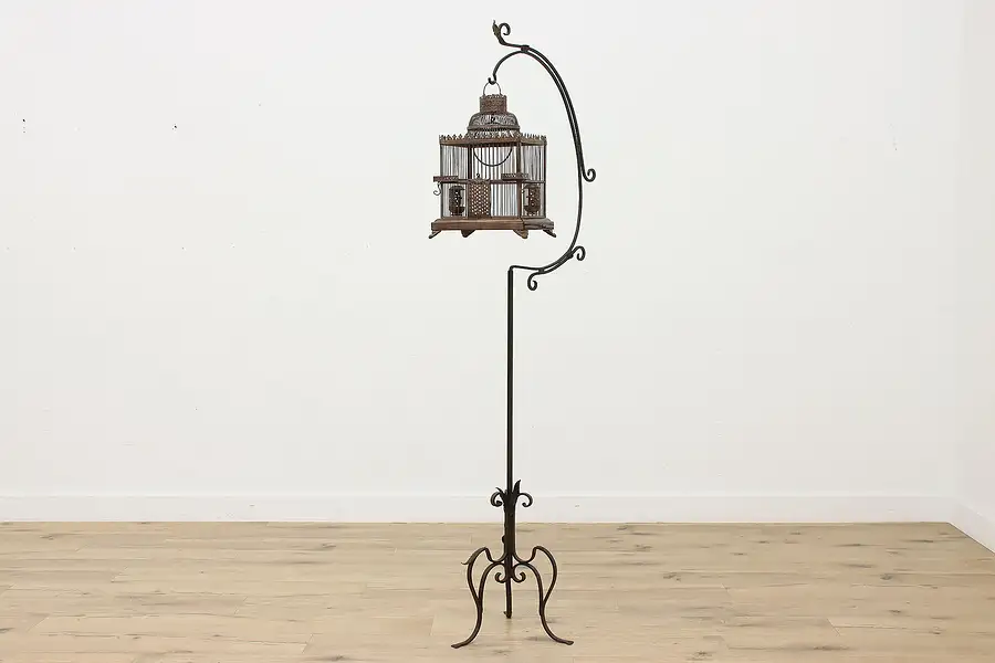 Main image of Victorian Antique Birdcage & Wrought Iron Stand