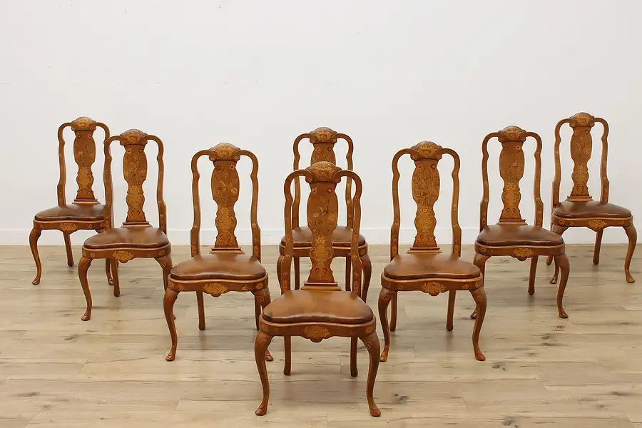 Main image of Set of 8 Dutch Vintage Marquetry & Leather Dining Chairs