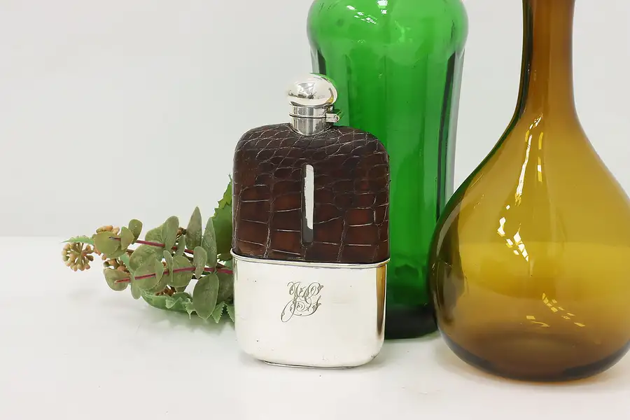 Main image of Silverplate & Leather Antique Monogram Liquor Pocket Flask