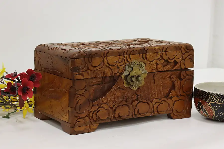 Main image of Asian Vintage Carved Teak Jewelry or Keepsake Box