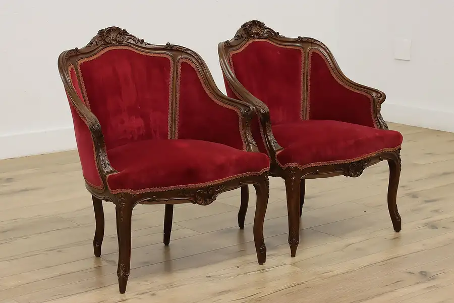 Main image of Pair of French Antique Carved Walnut & Velvet Chairs