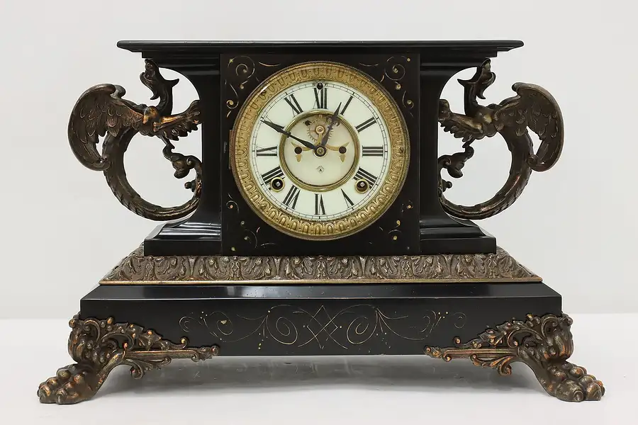 Main image of Victorian Antique Enameled Iron Mantel Clock Dragons Ansonia