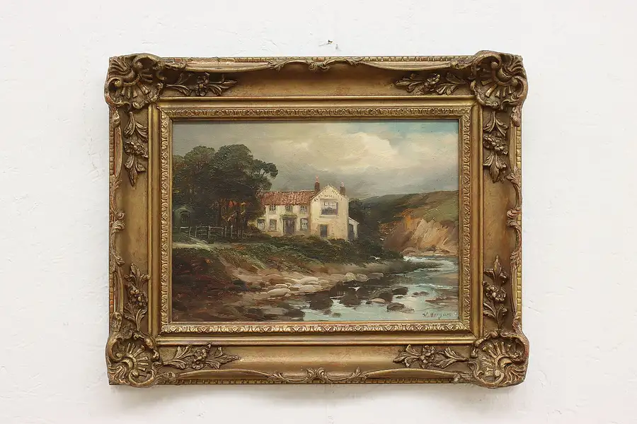 Main image of Seashore Inn Antique Original Oil Painting, Signed 19.5"