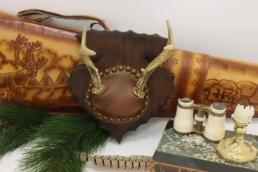 Main image of Farmhouse Vintage Leather & Walnut Antler Wall Mount