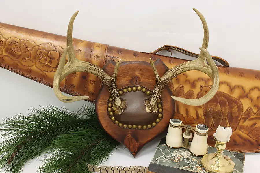 Main image of Farmhouse Vintage Leather & Pine 8 Point Antler Wall Mount