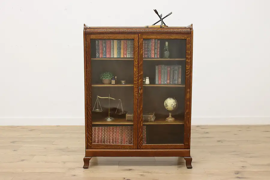 Main image of Victorian Antique Oak Library Bookcase or Display Cabinet