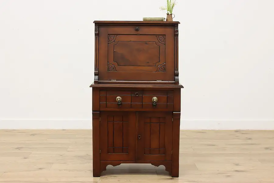 Main image of Victorian Eastlake Antique Carved Secretary Desk, Leather