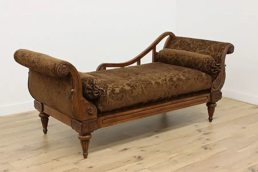 Main image of Classical Vintage Carved Birch Upholstered Chaise or Daybed