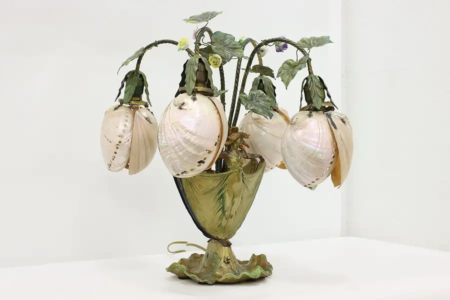 Main image of Art Nouveau Antique Dancer Desk Lamp, Abalone Shell Shade