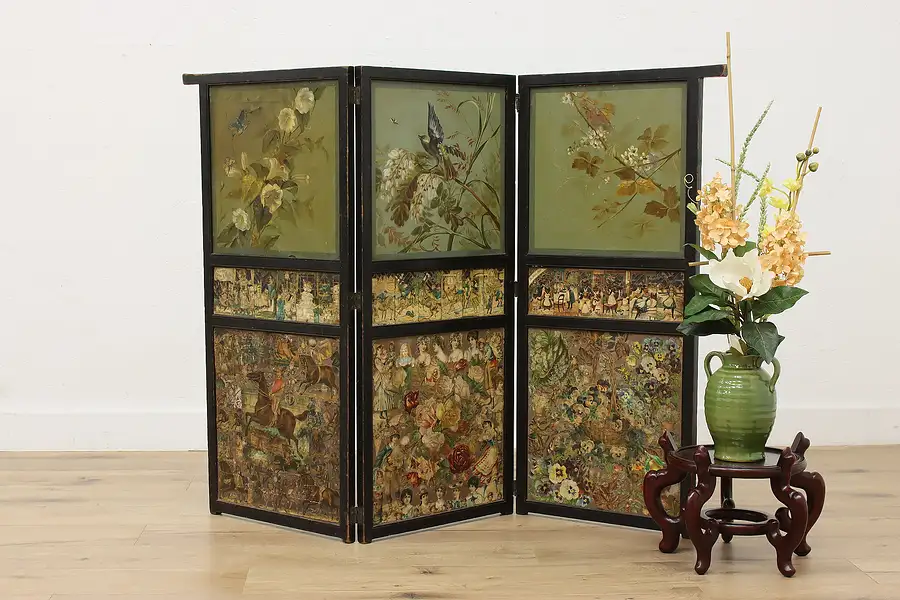 Main image of Folk Art Antique Hand Painted Collage Screen, Fairy Tales