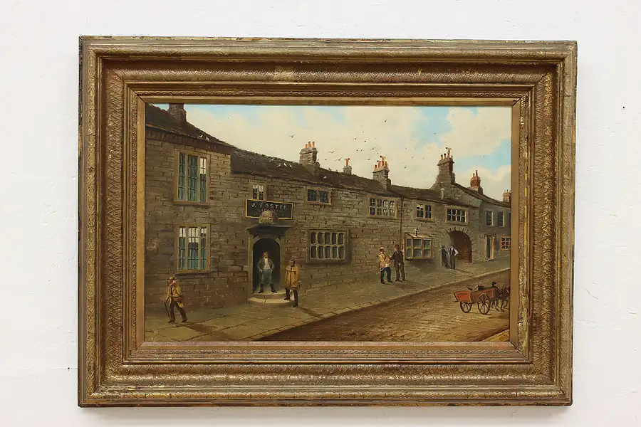 Main image of City Street with Gentlemen Antique Original Oil Painting 31"