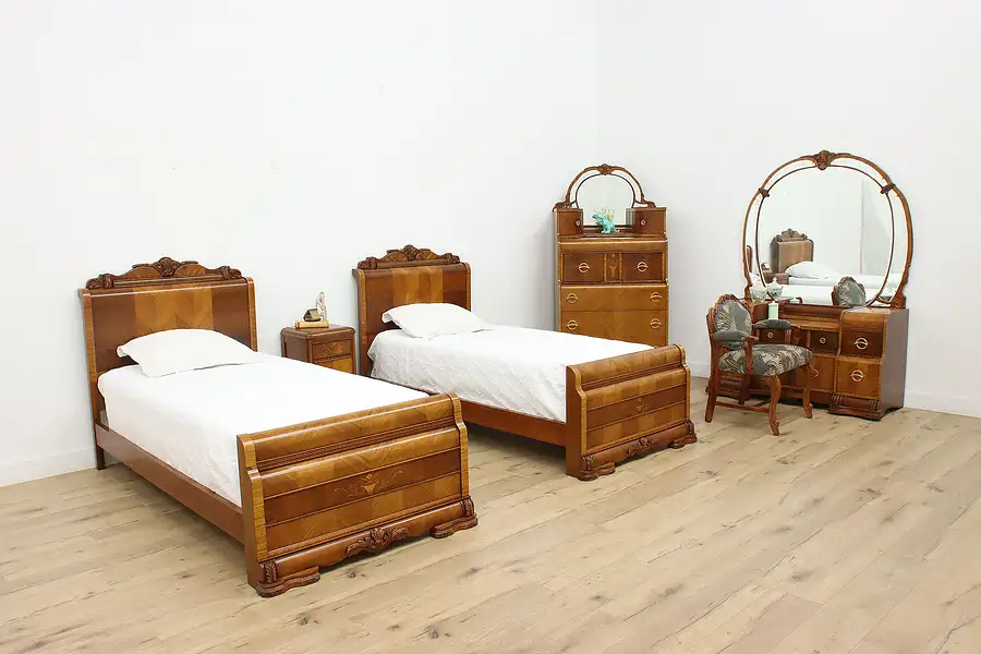 Main image of Art Deco Vintage 6 Pc Waterfall Bedroom Set, Twin Size Beds