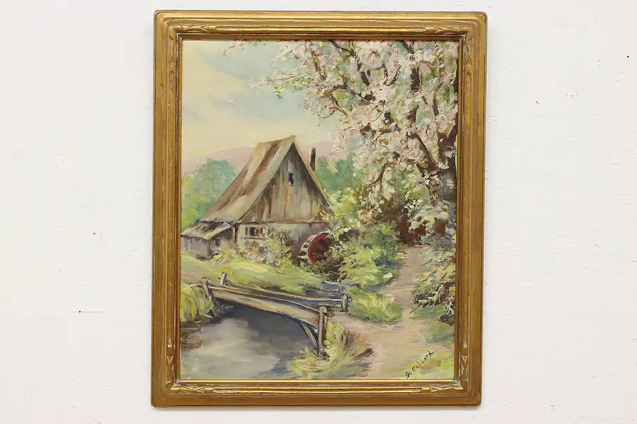 Main image of Spring Watermill Vintage Original Oil Painting Callard 25.5"