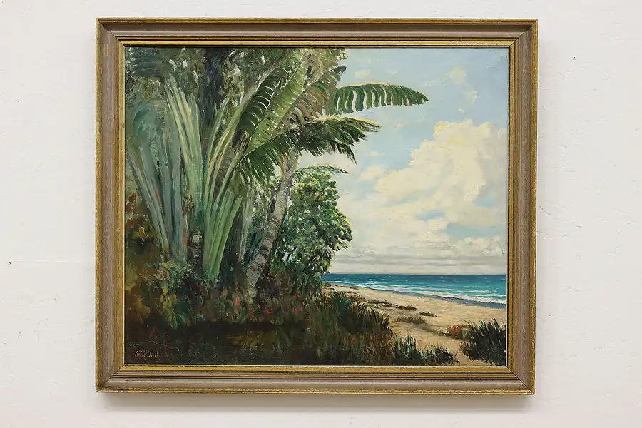 Main image of Palm Trees & Beach Antique Original Oil Painting Goodall 34"