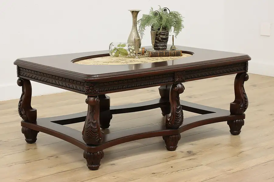 Main image of Traditional Vintage Carved Cocktail Coffee Table & Tapestry