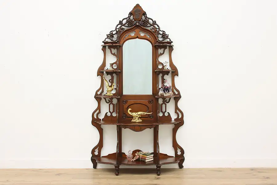 Main image of Victorian Antique Carved Walnut Etagere Curio Display Mirror