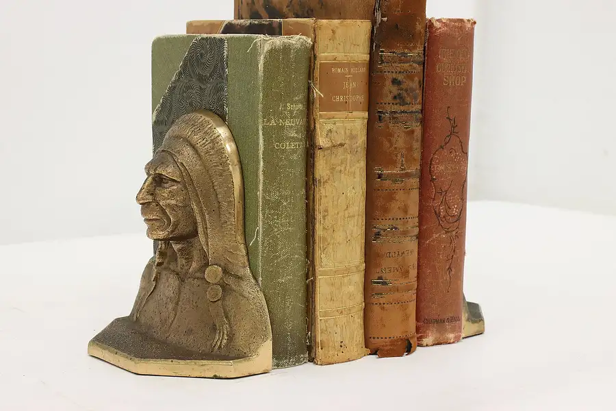 Main image of Pair of Vintage Cast Bronze Native American Chief Bookends