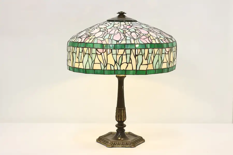 Main image of Leaded Stained Glass Shade Antique Table or Desk Lamp