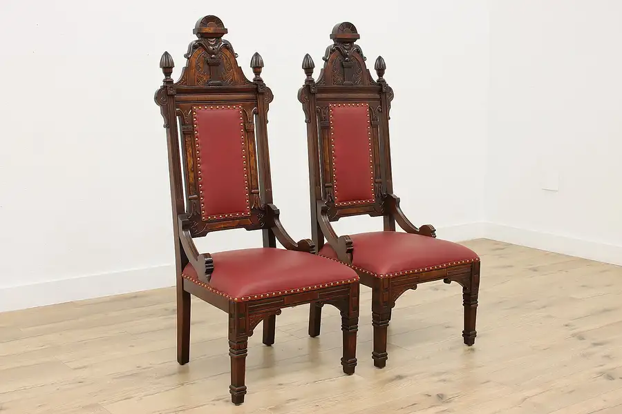 Main image of Pair of Victorian Eastlake Antique Walnut & Leather Chairs