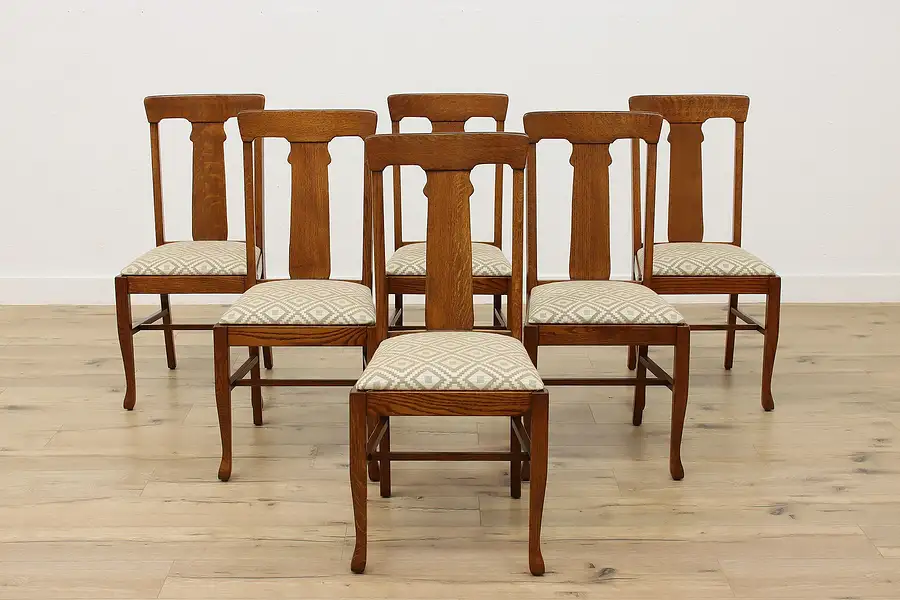 Main image of Set of 6 Antique Mission Oak Dining Chairs, New Fabric