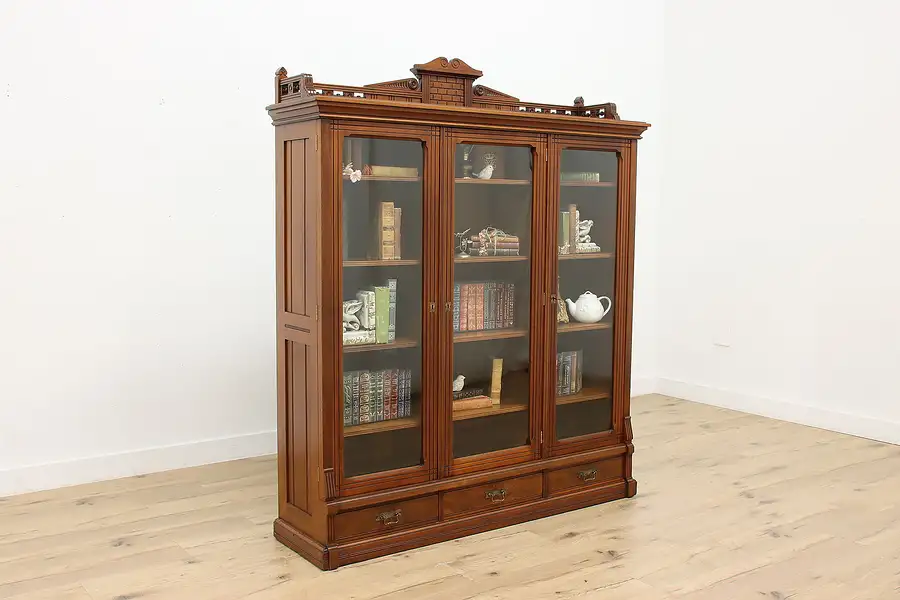 Main image of Victorian Eastlake Antique Triple Office or Library Bookcase