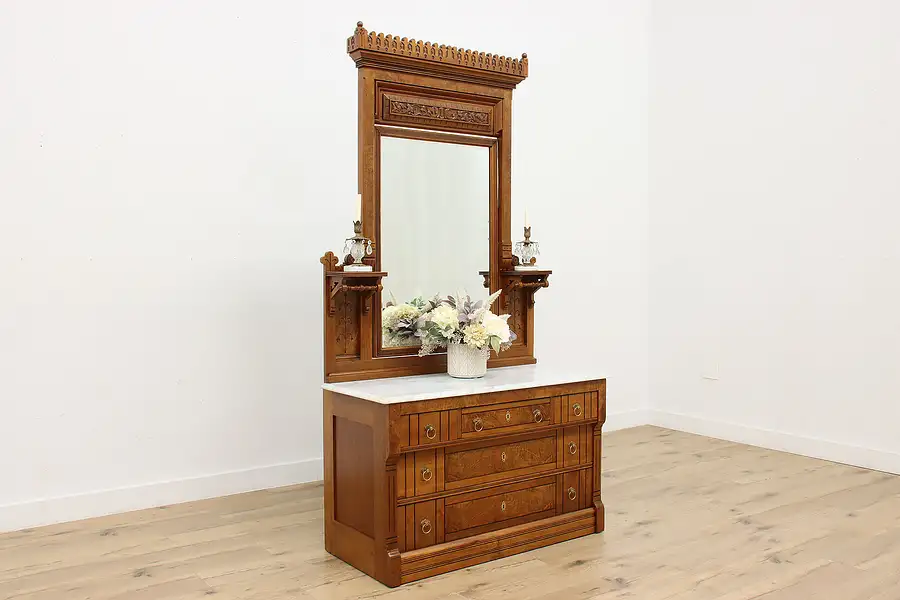 Main image of Victorian Eastlake Antique Marble Top Dresser, Swivel Mirror