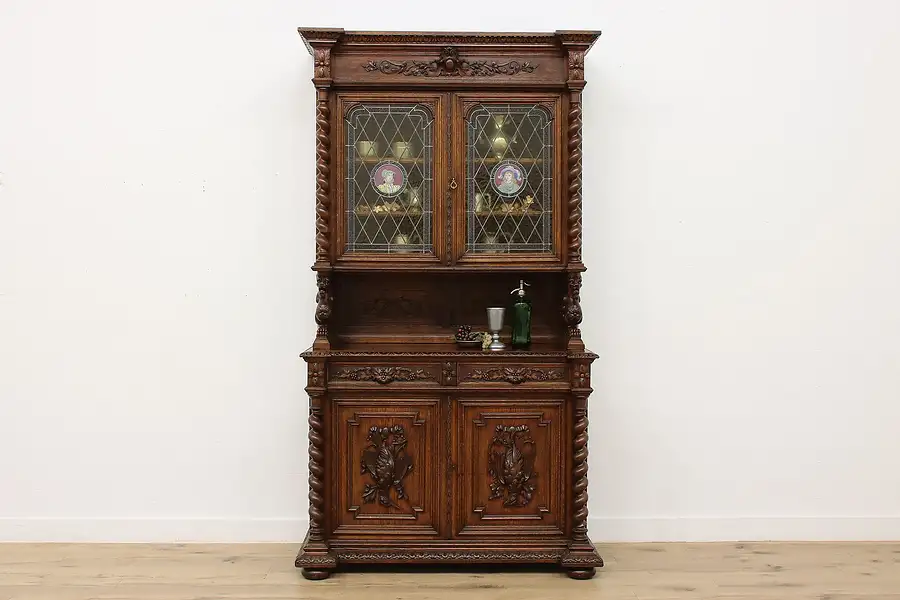 Main image of Black Forest Antique Carved Sideboard Backbar Stained Glass