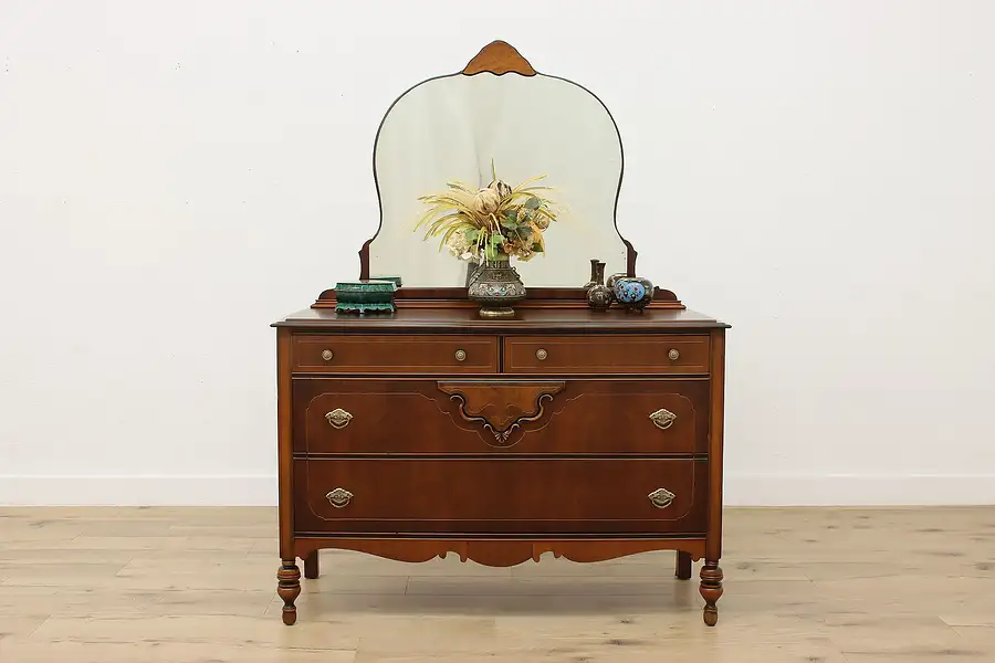 Main image of English Tudor Vintage Carved Walnut Dresser, Mirror