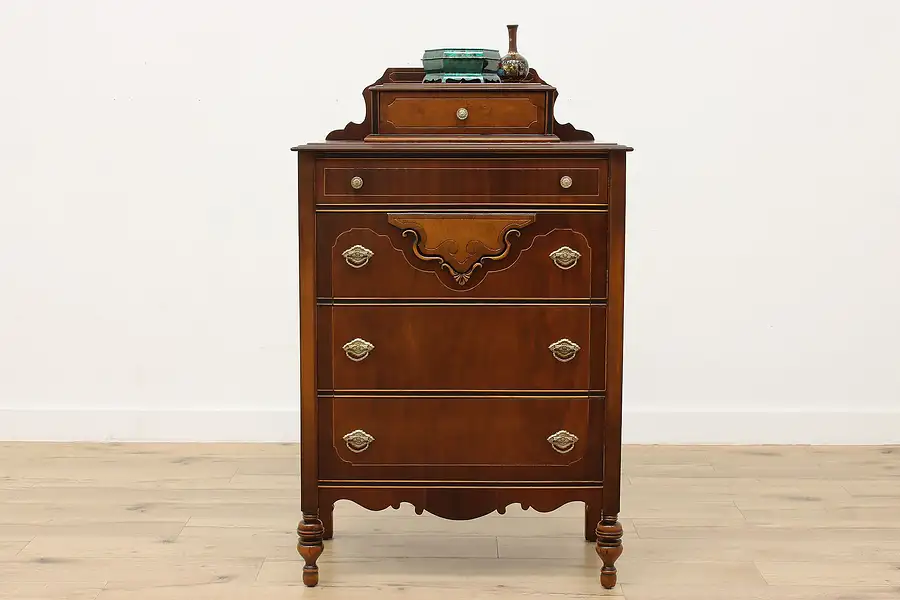 Main image of English Tudor Vintage Carved Walnut Tall Chest or Dresser