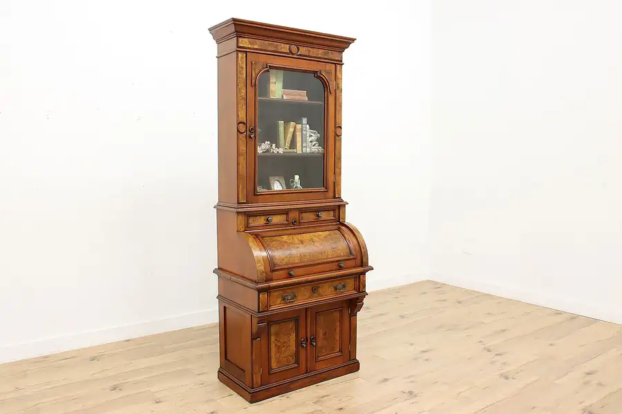 Main image of Victorian Antique Walnut Roll Top Secretary Desk, Bookcase