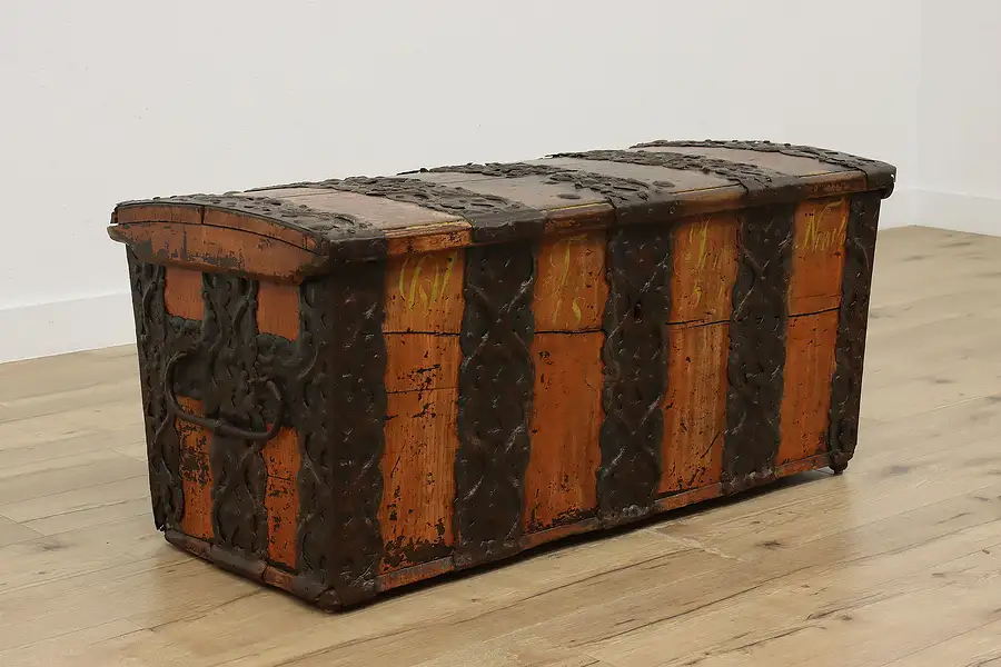 Main image of German Antique 1697 Farmhouse Iron Bound Dowry Chest, Trunk